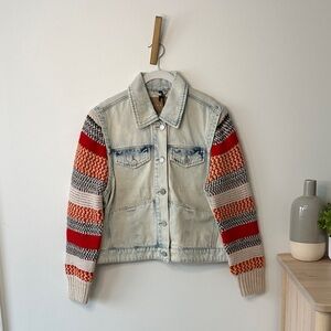 Blank NYC Denim Jacket with Striped Knit Sleeves in Red, Orange, Cream, Black